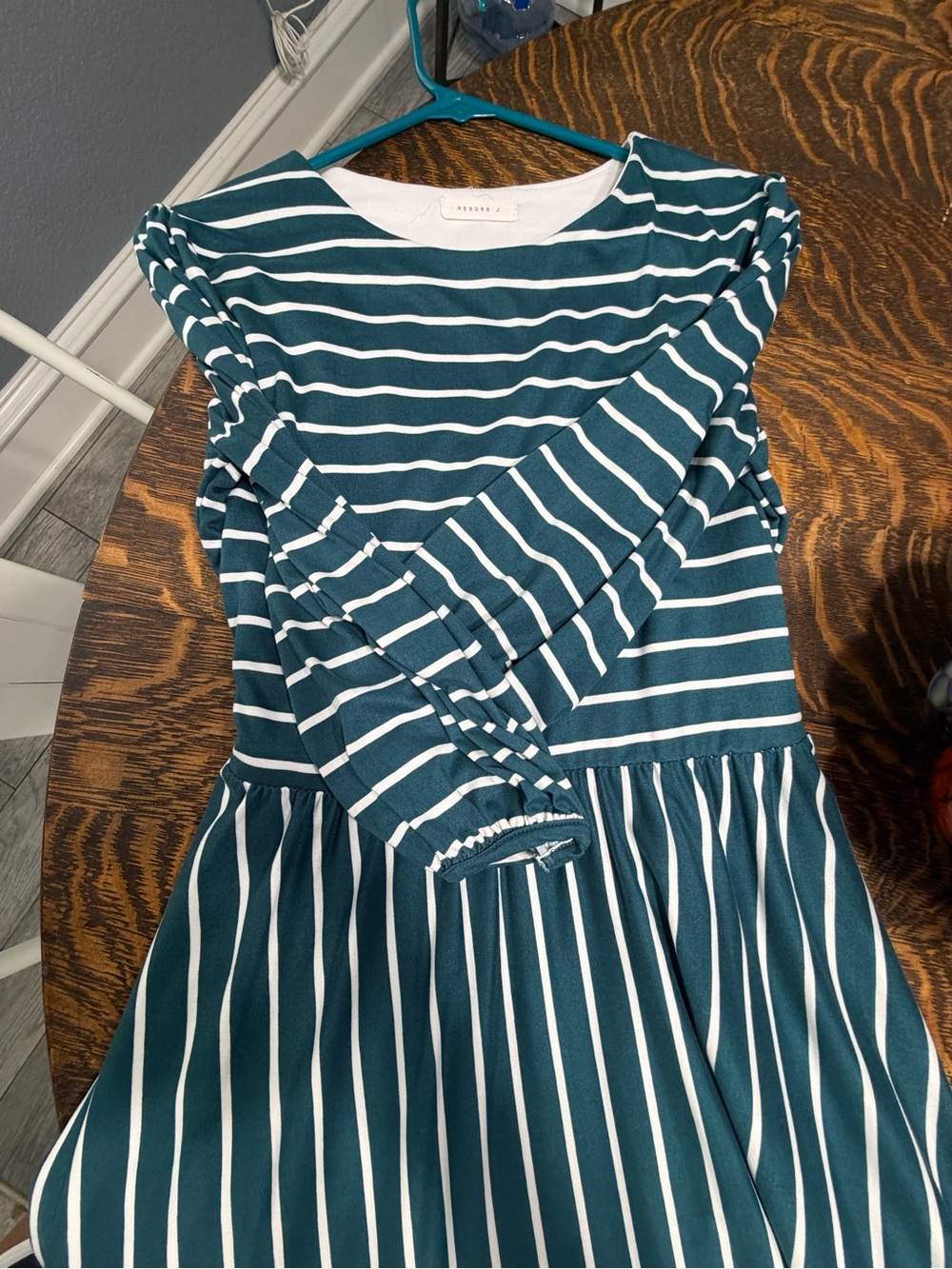 Reborn J Teal and White Striped Crew dress with tie in back and pockets